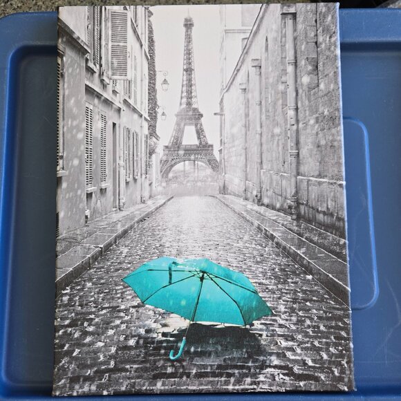 Eiffel Tower Paris Street Canvas Wall Art Black & White Teal Umbrella Pop of Col - Picture 1 of 1